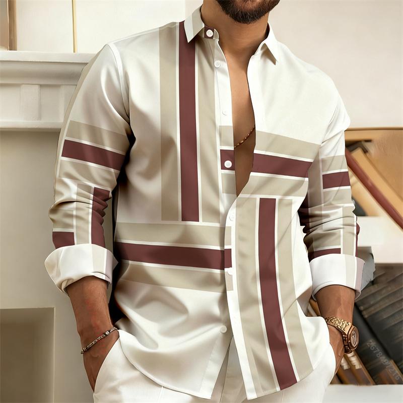 Men's Color-Block Geometric Stripe Long-Sleeve Shirt, Business Casual Dress Shirt, Slim-Fit Men's Fashion Top,