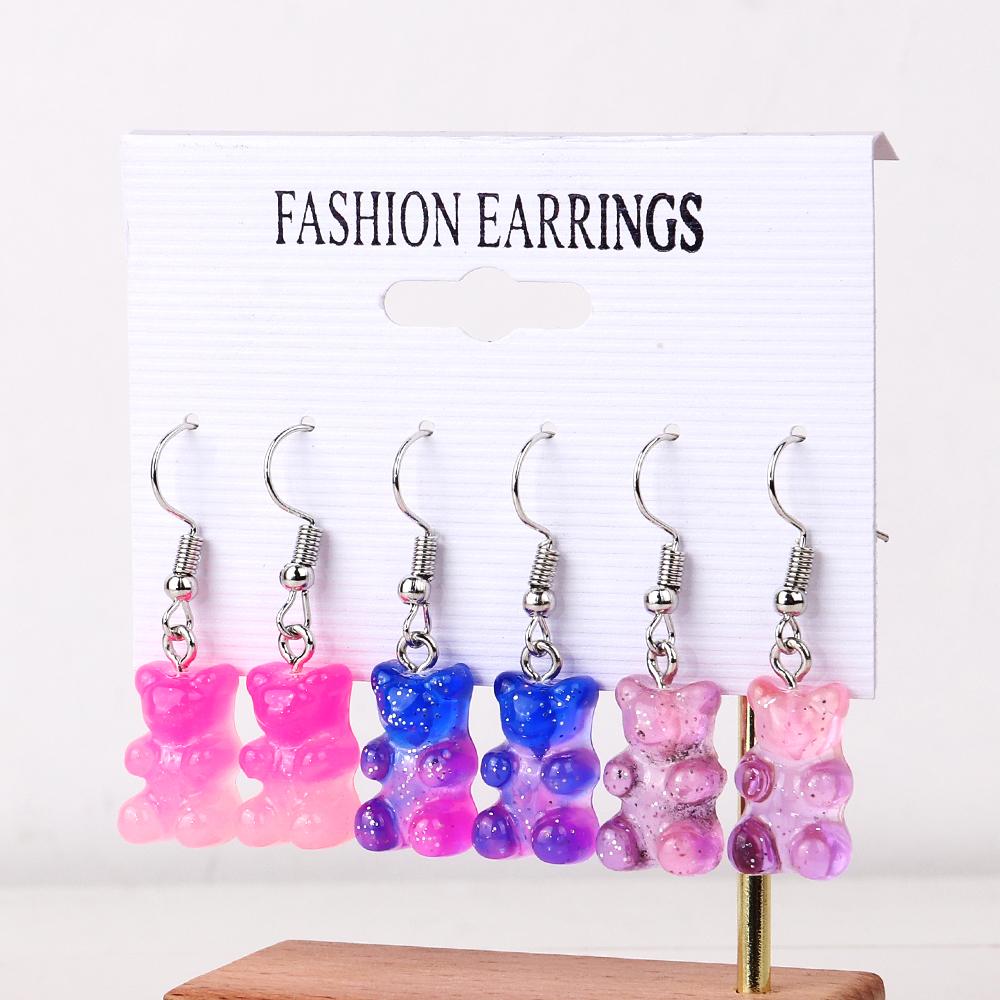 3 Pairs/Set Candy Color Acrylic Gummy Bear Drop Earrings for Women Korean Transparent Resin Jelly Bears Earring Sets Y2k Jewelry