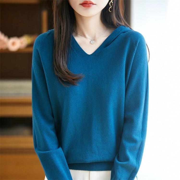 Warm V Neck Hooded Knitted Sweater for Women Autumn Winter Hoodie Sweater