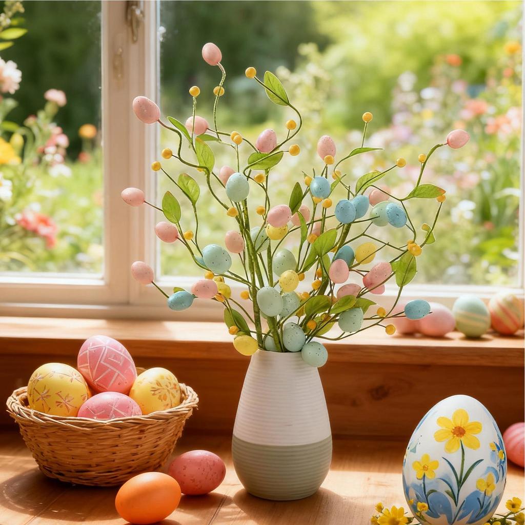 Easter Egg Branch Artificial Spring Foam Party Supplies with Leaves Easter Table Decor for Door Window Birthday Bedside