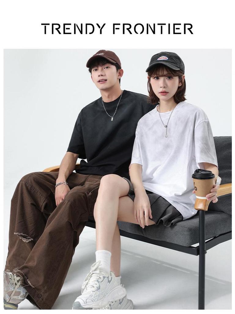 Men's Trendy Distressed Washed Short Sleeve T-Shirt - Loose Fit, Drop Shoulder, Ideal for Summer and Couples