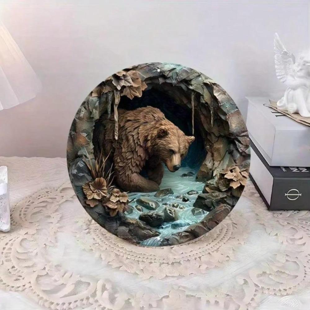 Brown Bear Cave Art Round Metal Sign Durable Wall Decor Indoor Outdoor Hanging