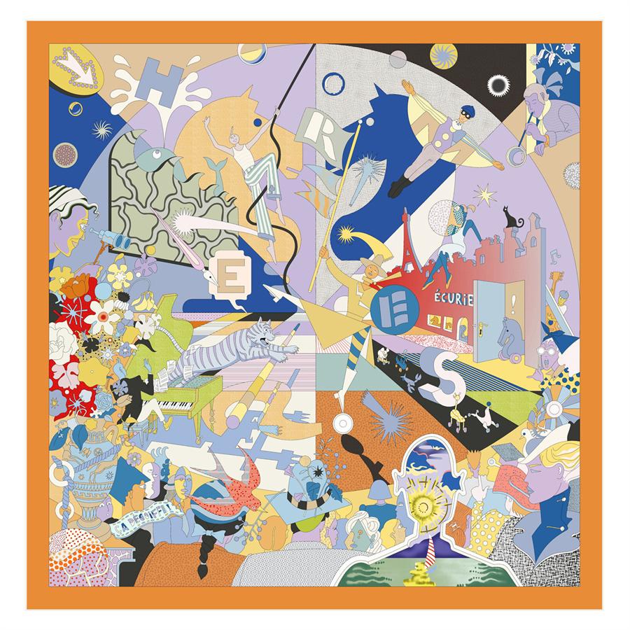 Silk Scarf Women Circus Troup Print Square Scarves Head Echarpes Silk Foulards Femme Wraps Beach Shawl Bandana Lady Hijabs 90CM