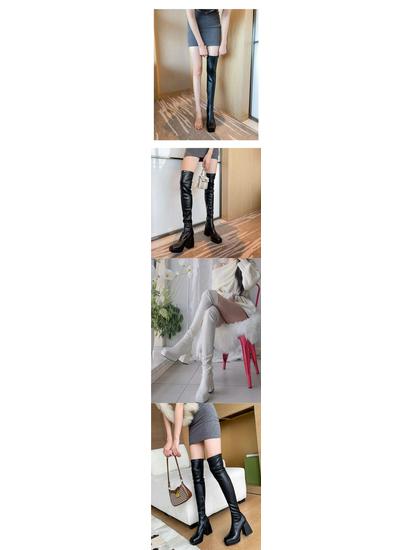 Botas de Tacón Grueso por Encima de la Rodilla con Punta Cuadrada y Suela Gruesa de Terciopelo para Mujer - Colección Otoño/Invierno