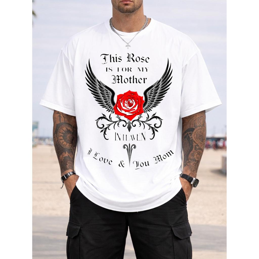 Rose Wings Mother In Heaven Memorial Graphic Crewneck T-Shirt Men Loose Fit Tee