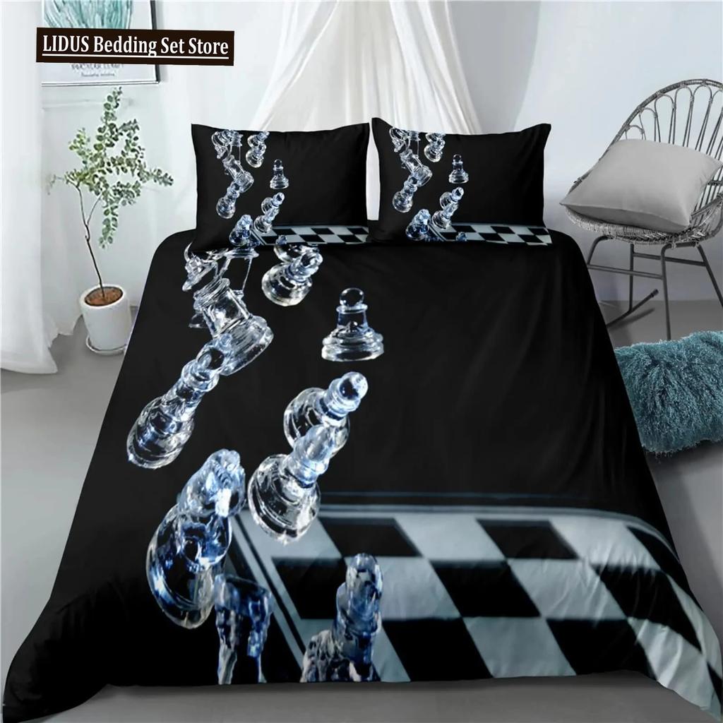 Internationell Schack Påslakanset Svart Vitt Rutigt Schackbräde Täcke Örngott Tävlingsspel För Pojkar Tonåringar Sängklädesset