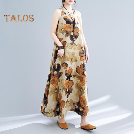 Boho Plus Size Cotton Linen Dress for Women Summer Sleeveless Printed Loose Long Dress Casual Round Neck Maxi Tank Dress