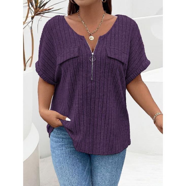 2026 Spring/Summer New Plus Size Solid Color Women's V-Neck T-Shirt Loose Top with Zipper Short Sleeves and Faux Pockets