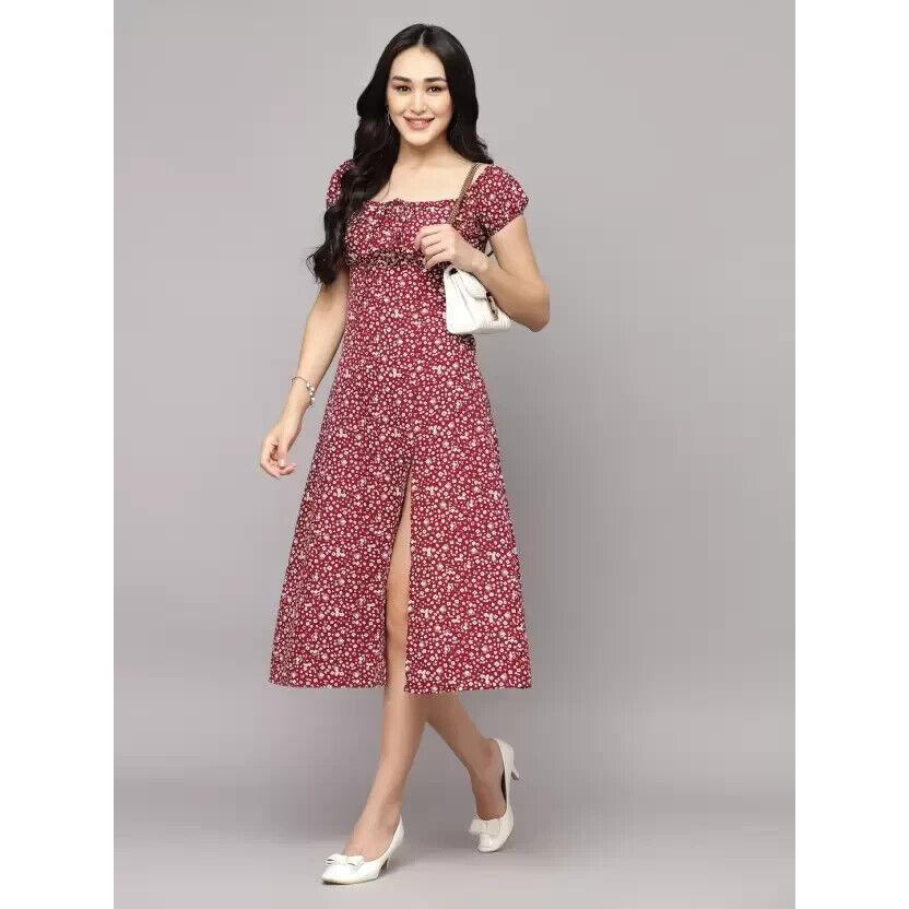 Women A-line Floral Print Maroon, White Dress Top Tunic Crepe Western Dress VF-1806