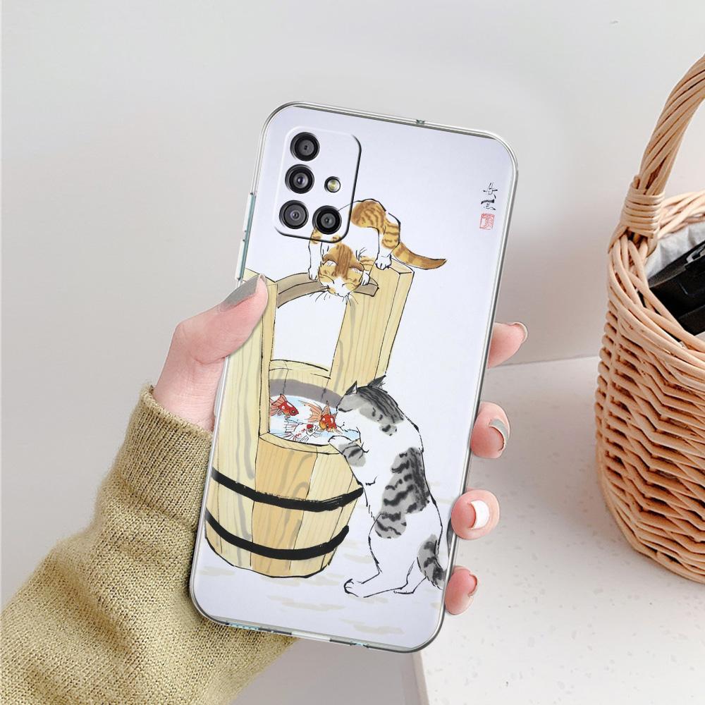 Phone Case For Samsung A15 A13 A35 A55 A51 A71 A41 A31 A21S A03S A05 A17 A23 A25 A33 A53 A73 5G A07 4G Clear Cover Cat Fishing