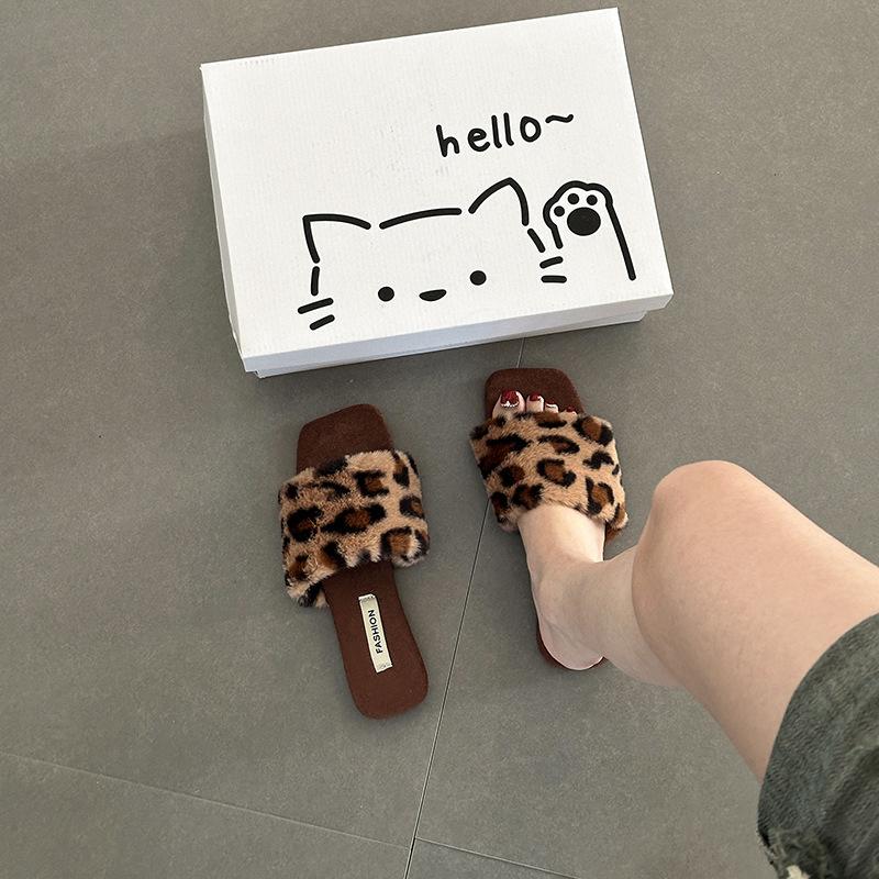 Retro temperament casual cotton drag square head girls fluffy slippers autumn and winter fashion comfortable one-word cotton slippers