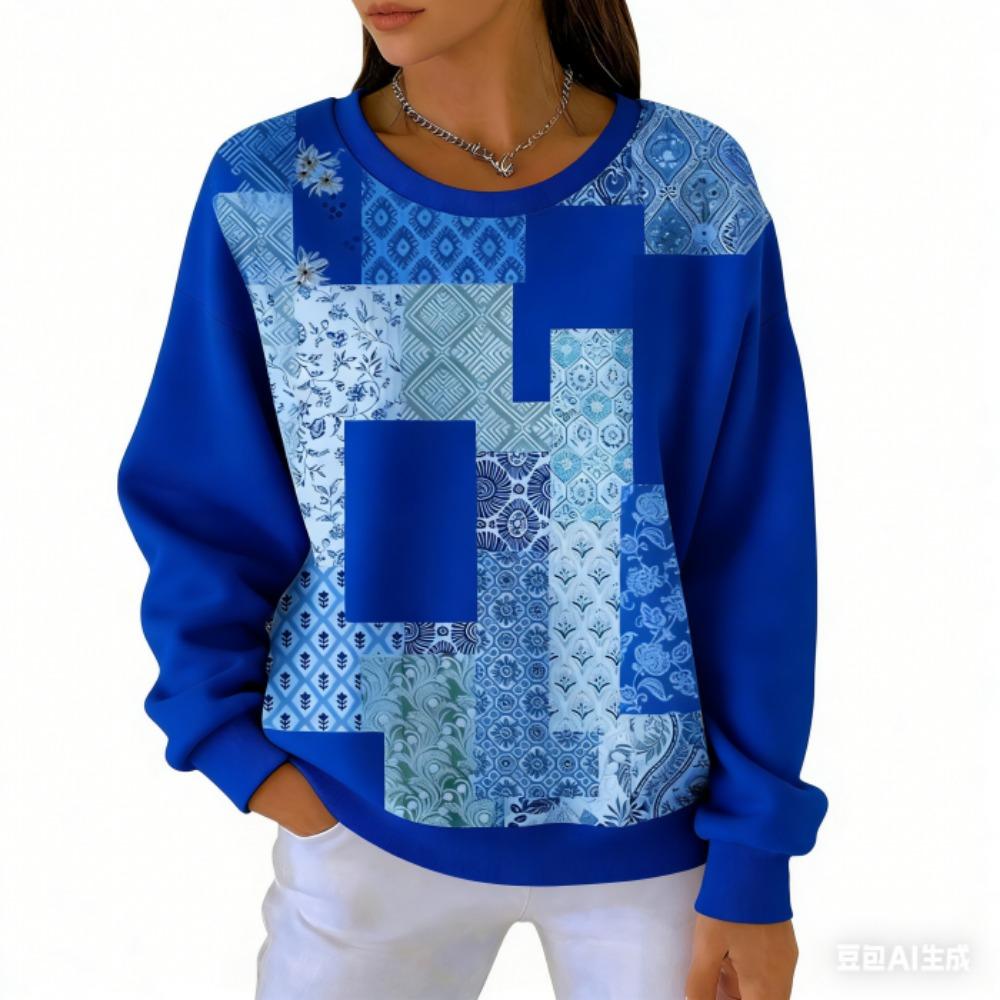 אופנת אביב שילוב צבעים חולצת טי לנשים קז'ואל הדפס וינטג' פולאובר לנשים בגדי שרוול ארוך קז'ואל בחוץ חולצות טי עליון