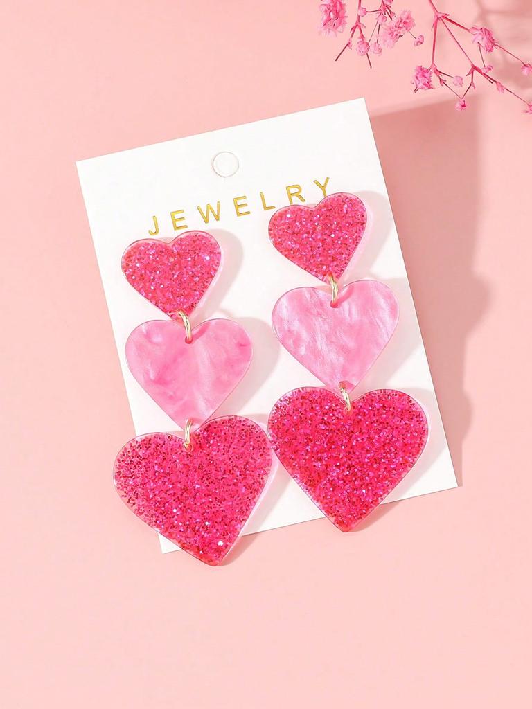 1pair Pink Heart-Shaped Earrings, Women'S Color Blocked Multi-Layer Earring Pendant, Valentine'S Day Acrylic Simple Heart-Shaped Earrings