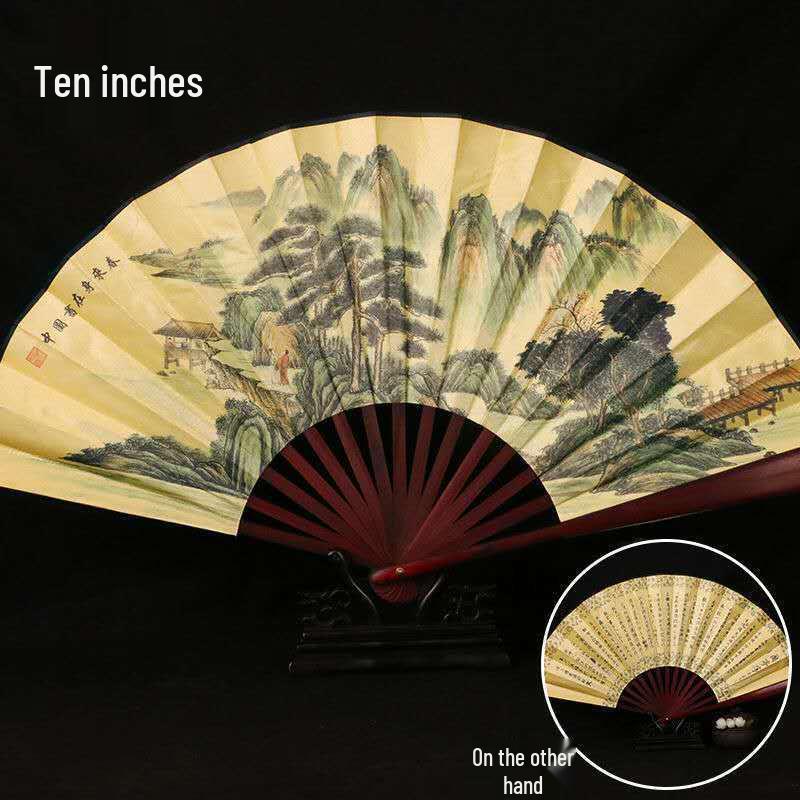 Traditional Chinese Silk Bamboo Folding Fan with Ink Landscape