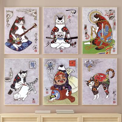 Vinatge Funny Japanese Tattoo Cat Posters And Prints Canvas Painting Ukiyo E Playing Cats Wall Art For Living Room Home Decor