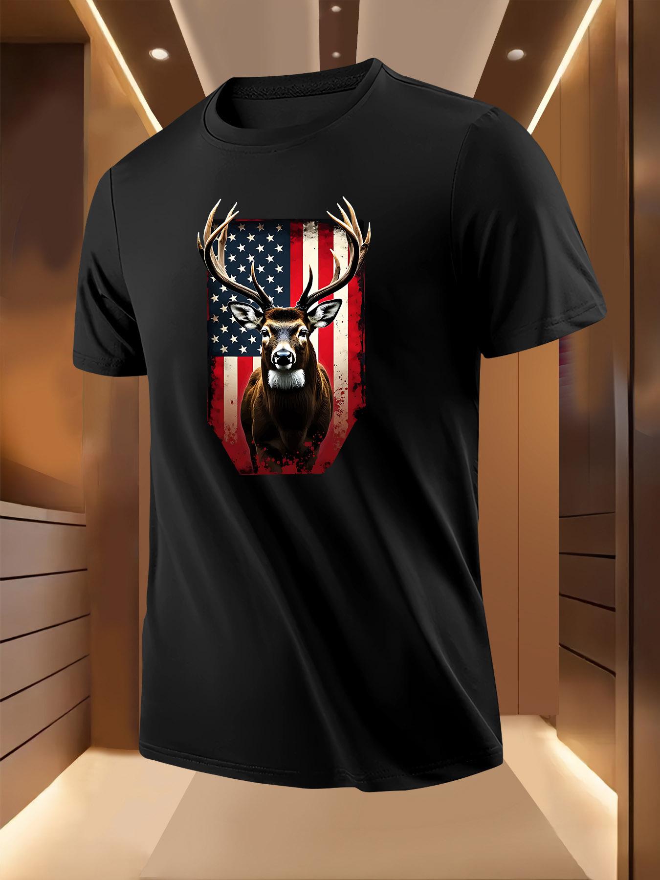 Patriotic Elk Print Tshirt - American Flag Design with De... S