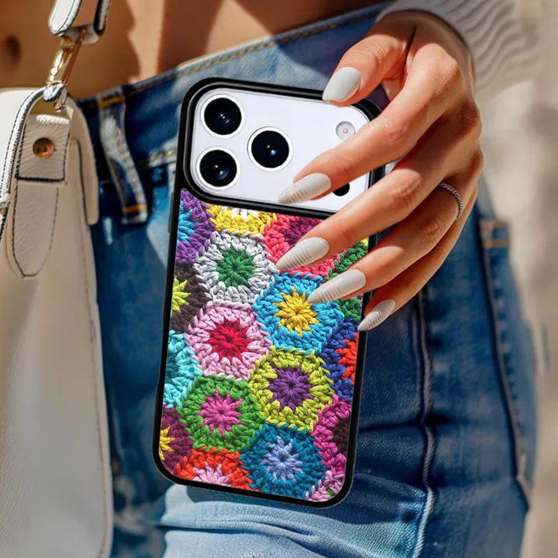 Granny Square Crochet Phone Case For iPhone 17 Air 14 15 13 12 Max Cover For Apple 14 15 16 16e 11 Pro Max Plus