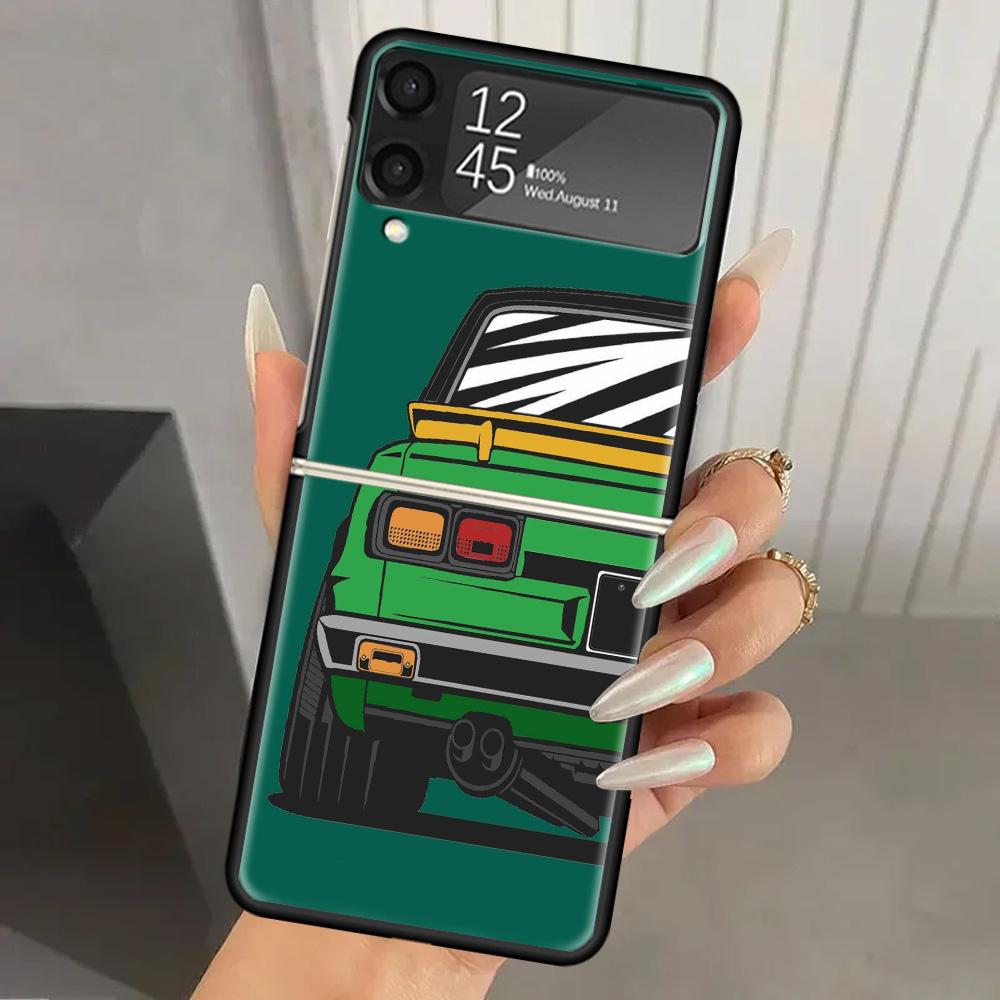 Japan JDM Sports Cars Comic Hard PC Phone Case For Samsung Galaxy Z Flip 7 6 5 4 3 Black ZFlip7 ZFlip6 Flip5 Flip4 Flip3 5G Prin