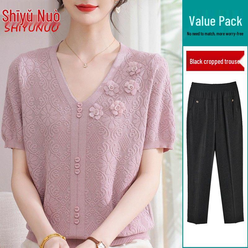 Summer 2026 Ice Silk Blouse: Fashionable Short-Sleeve for Middle-Aged and Elderly Women