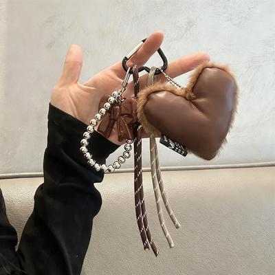 Ins Leather Heart Pearl Bow Keyring Y2K Long Tassel Bowknot Keychain Pendant Bag Charms Hanging Accessories