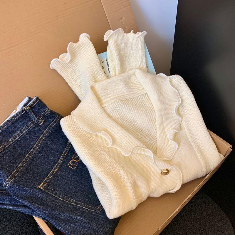 

Кардиган вязаный женский с V-образным вырезом и оборками, стиль «французский шик», весенняя новинка, приталенный, молодежный, укороченный топ Yellow S