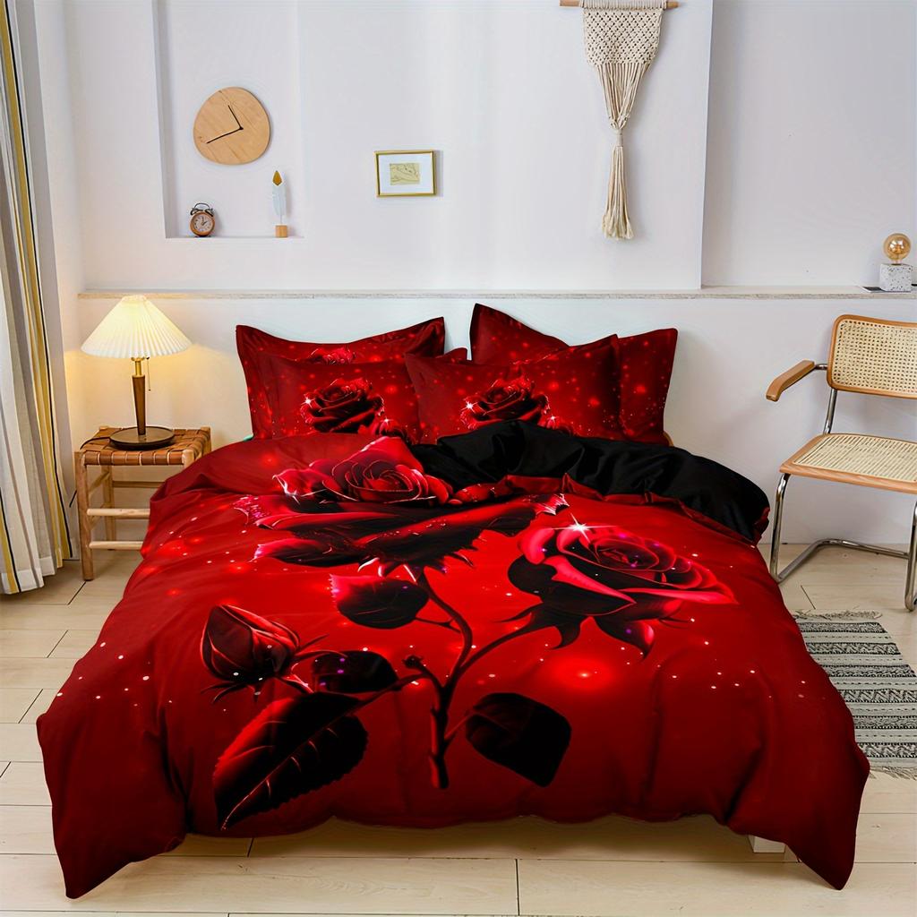 3Pcs Rose Print Duvet Cover Set Red & Black Floral Design Zipper Closure All-Season Comfortable Polyester Fabric