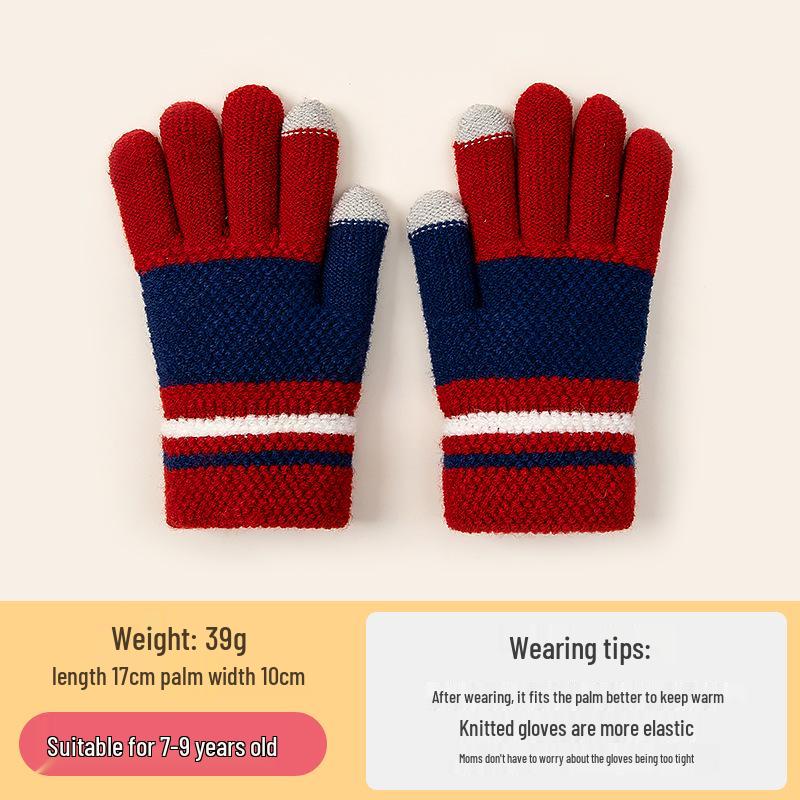 Children's Touchscreen Writing Gloves - Men's Warm Knitted Wool for Autumn Winter, Cold-Proof, Five-Finger Design for Students and Girls