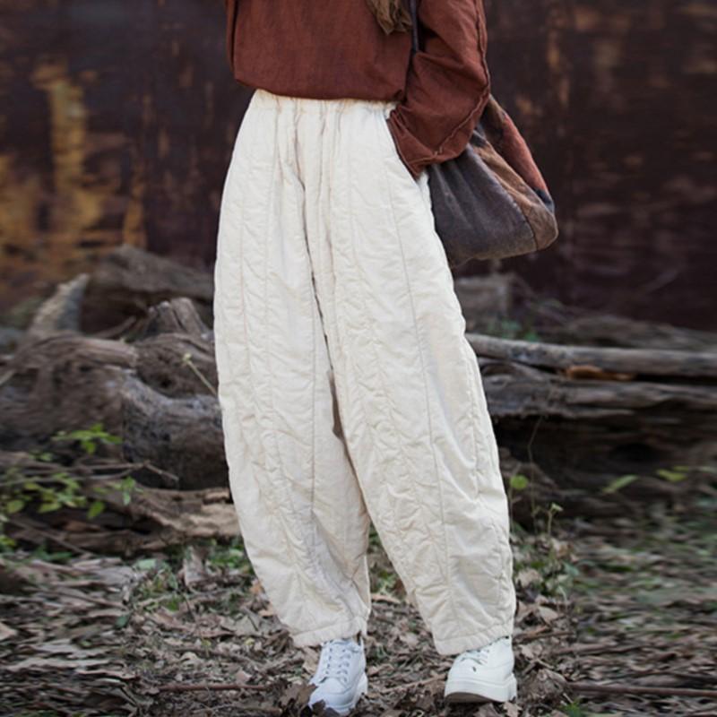 Johnature Women Plus Cotton Warm Winter Bloomers Pants Loose Pockets Vintage Thick Women Long Pants