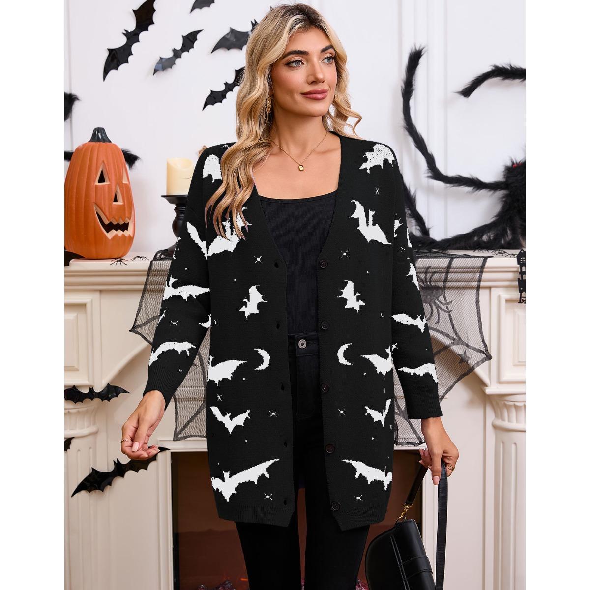 Women s V Neck Long Sleeve Halloween Bat Print Knit Cardigan Loose Fit Casual Sweater Coat S чёрный