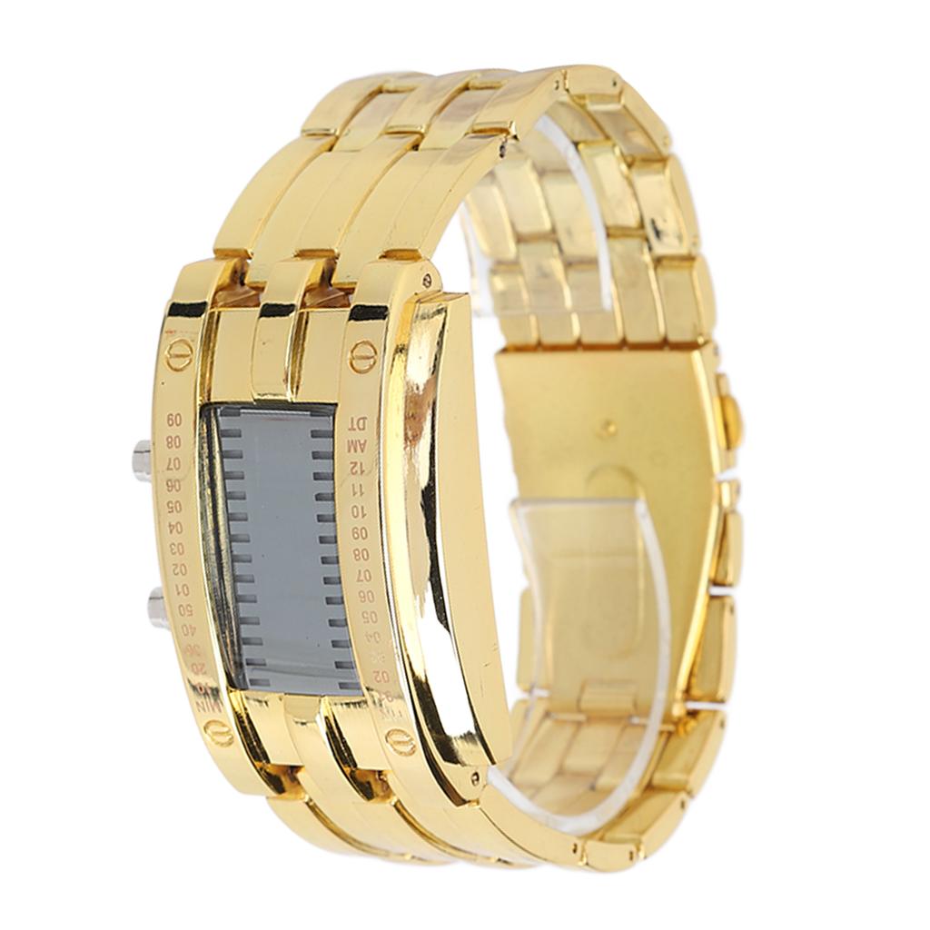 Men s Watch Fashion Exquisite Waterproof Alloy Men s LED Watch with Binary Time Mode Display(Men s Gold )