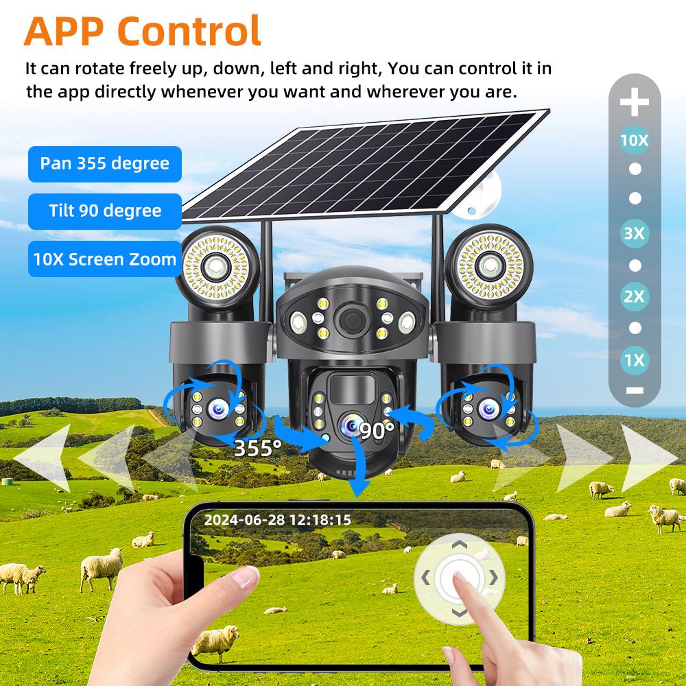 4G/WIFI Solar-powered Security Camera, Triple Lens, Triple Screen, Full-color Night Vision, Motion Detection, Wireless Monitoring