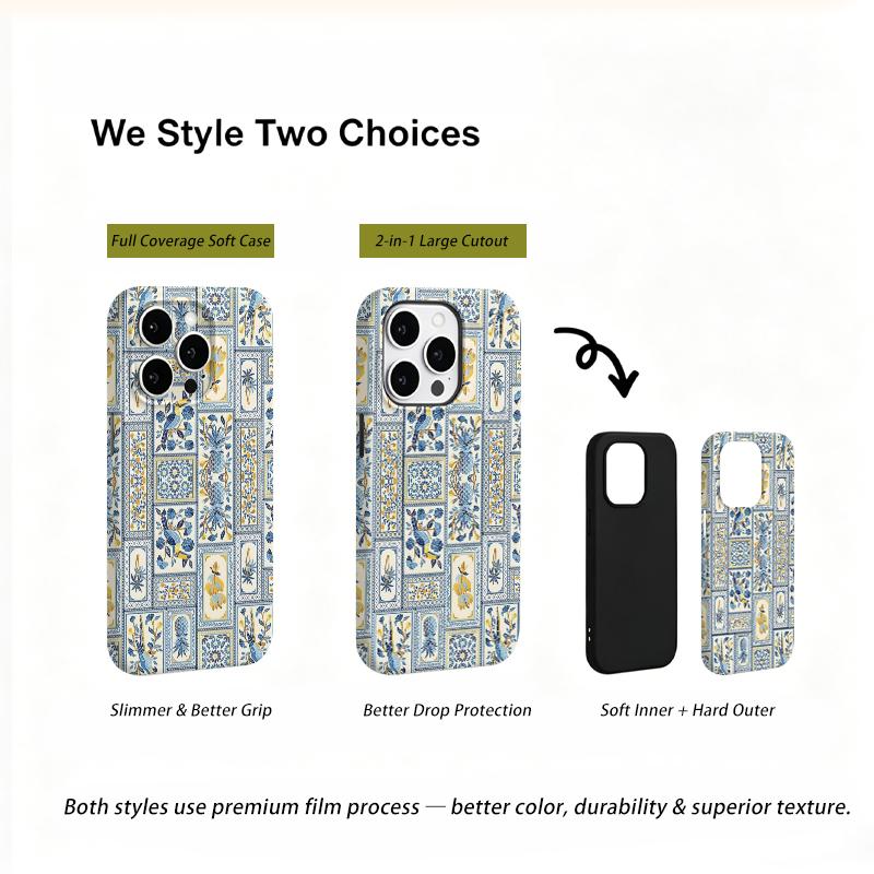 Artistic Mediterranean Parrot Pineapple Tile Graphic Art Film Aesthetic Protective Shockproof Bumper Case For iPhone 14 15 16 Pro Max Plus