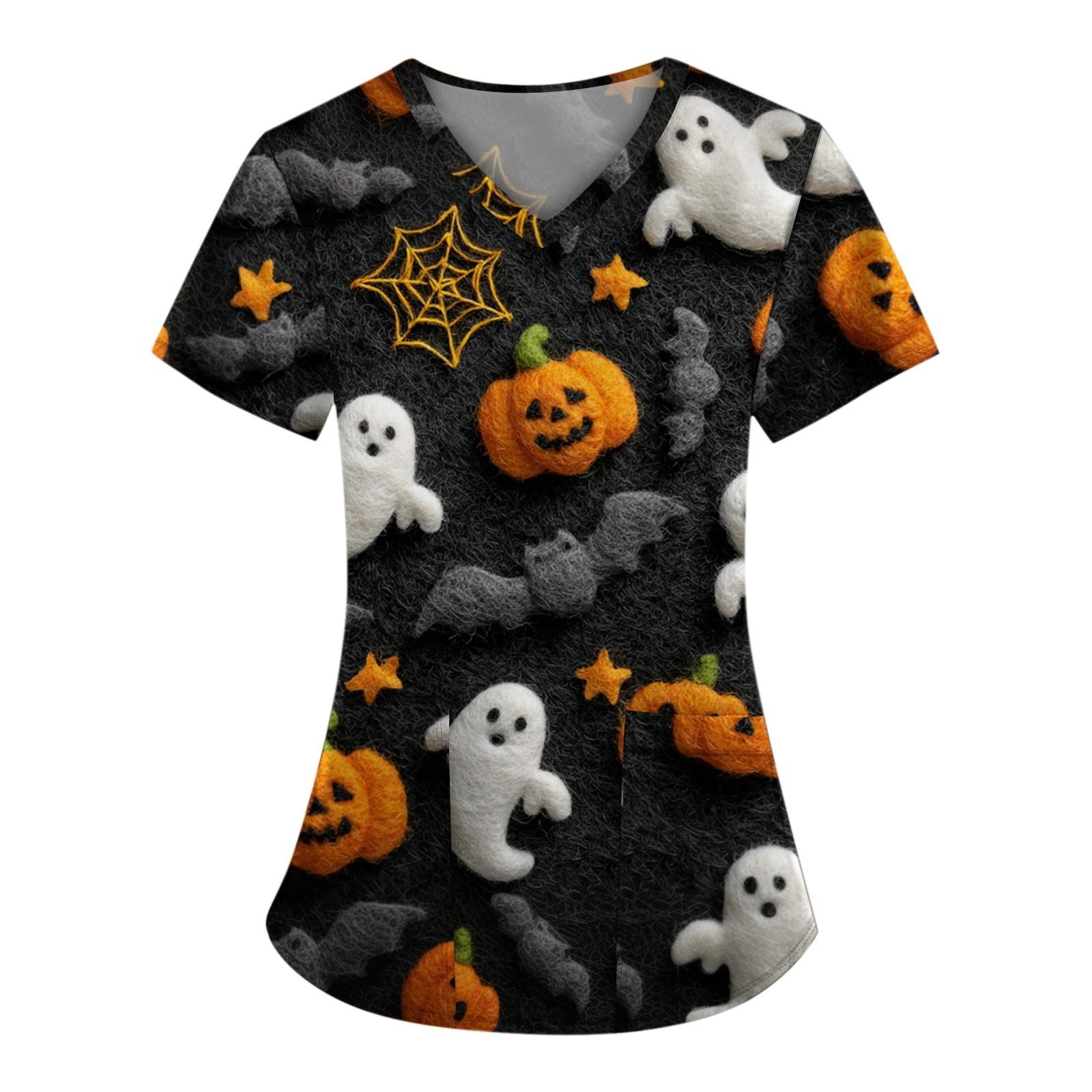 

Плюс размерСкраб с принтом Рабочая форма Топы для женщин Крест V-образным вырезом Хэллоуин Принт с короткими рукавами Забавные футболки Спецодежда Футболка с карманами M