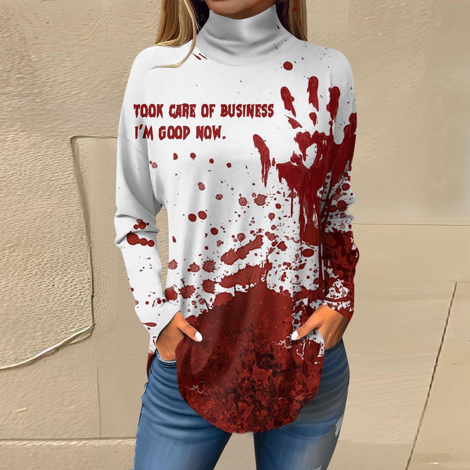 Женская свободная футболка с высоким воротом и длинными рукавами — фото 10