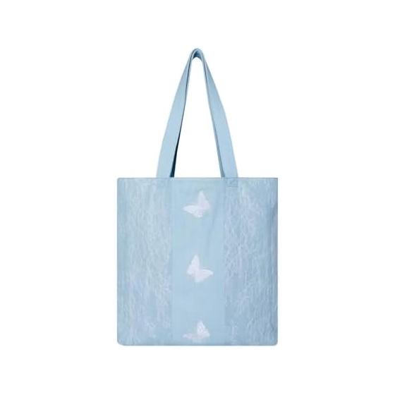

[DENIM MUSEUM] Lace embroidery x butterfly motif original niche denim shoulder tote bag | Large capacity A4, foldable lightweight canvas style,