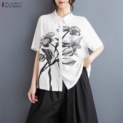 Blusa Feminina Casual com Gola Reversível, Manga Curta Solta e Estampada