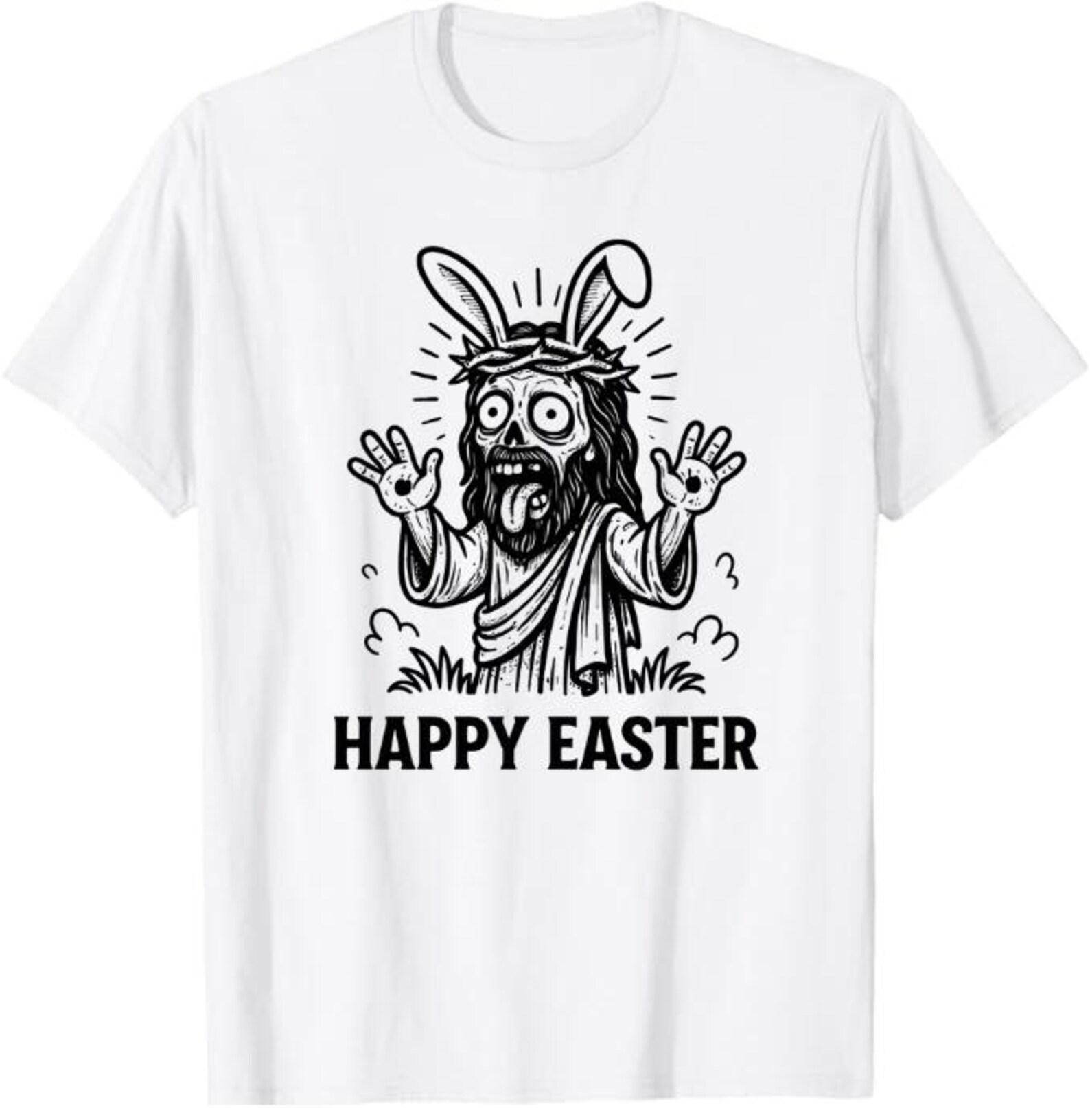 Funny Zombie Jesus Bunny Happy Easter T-Shirt, Dark Humor Easter Gift, Gothic Easter Bunny Graphic Tee S
