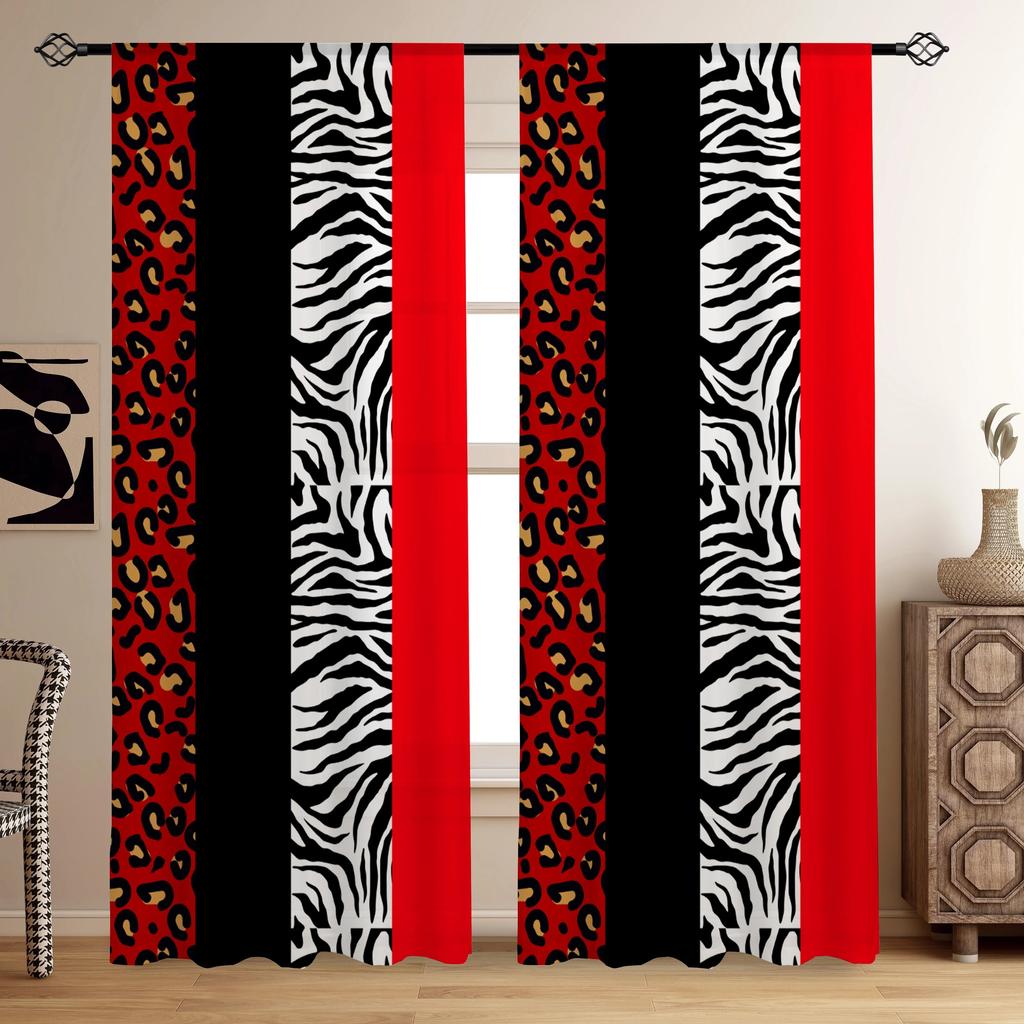 Red Striped Leopard Print Curtains Rod Bag Design Suitable Living Room Bedroom Game Decoration Set Of 2 Made Polyester Area Decor