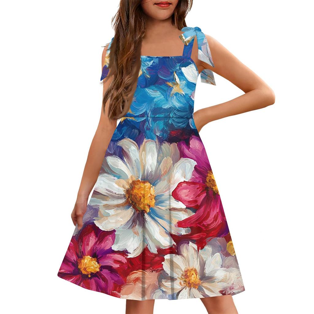 Children's Jumpsuit Cuffless Pocket Square Neck Casual Independence Day Print Dress