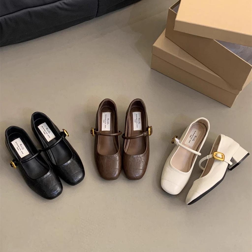 French evening breeze light mouth single shoes women's thick heel 2025 spring new Korean version small leather shoes retro middle heel Mary Jane shoes