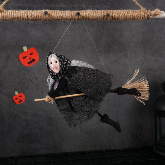 Halloween Witch Doll Small Hangable Witch Ornament Decorative Flying Witch Figurine On Broomstick for Indoor Outdoor Tree Home Kitchen Decor