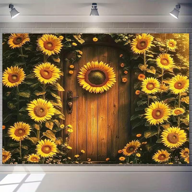 2D Printed Backdrop with a Wooden Door Surrounded by Sunflowers 47.2x31.5inch/120*80cm