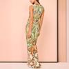 Elegant V-Neck Printed Satin Slim Fit Sleeveless Split Hem Maxi Dress Women