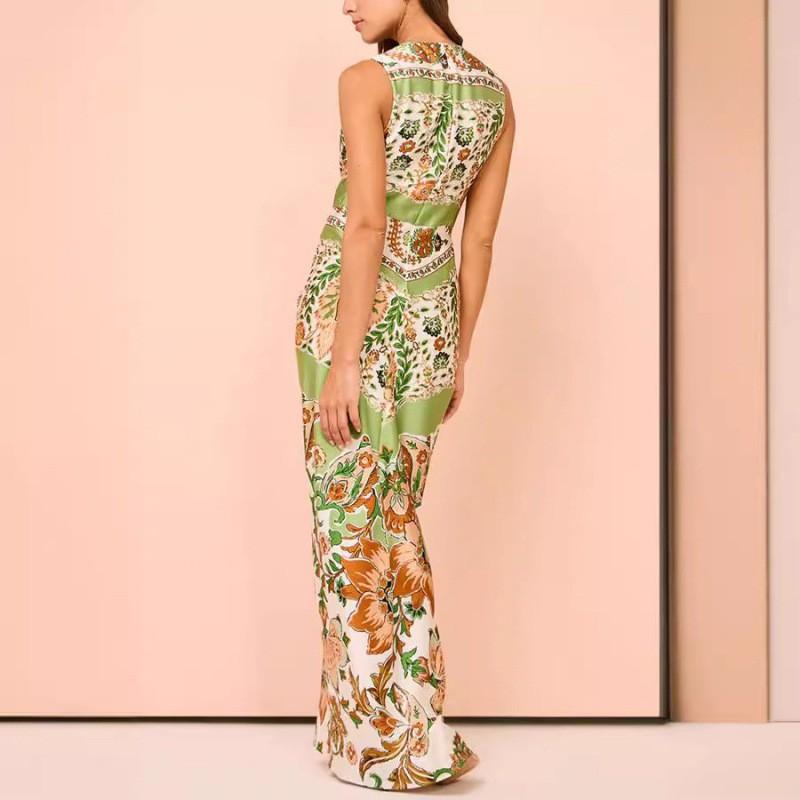Elegant V-Neck Printed Satin Slim Fit Sleeveless Split Hem Maxi Dress Women