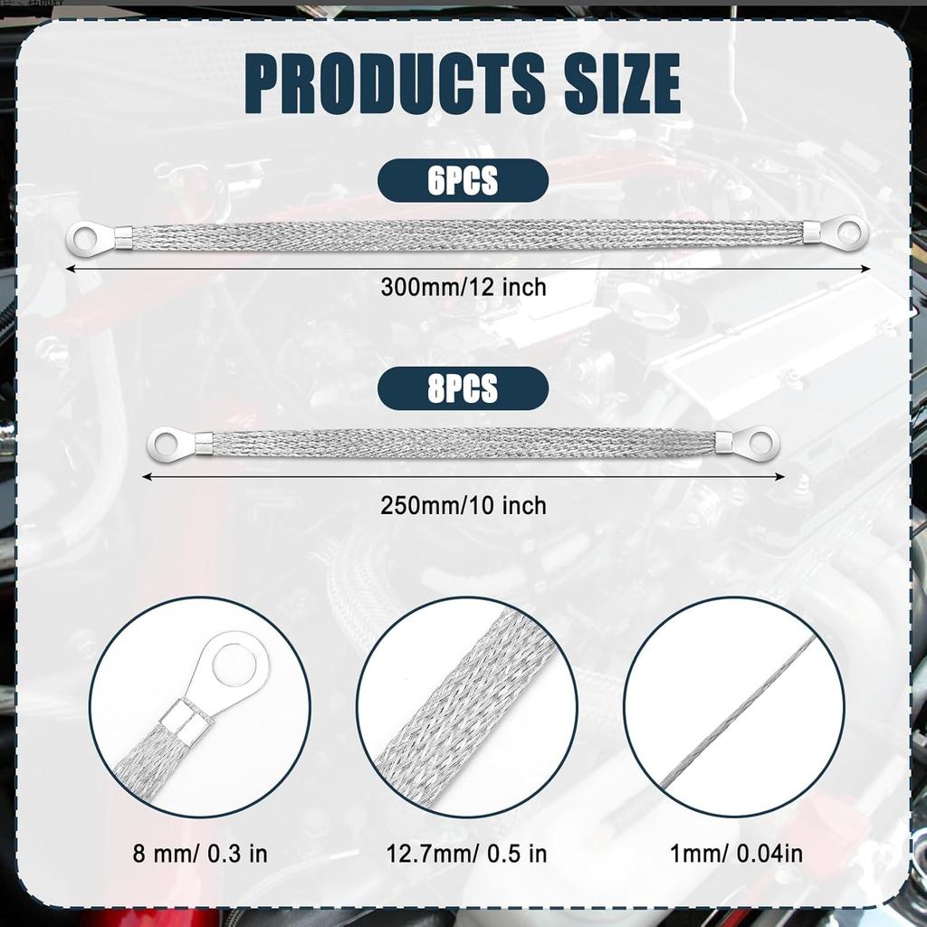 14Pcs Ground Straps, 10/12 Inch Engine Universal Automotive Ground Strap Kit Braided Copper Ground Straps Automotive Ground Strap Wire Ground Strap