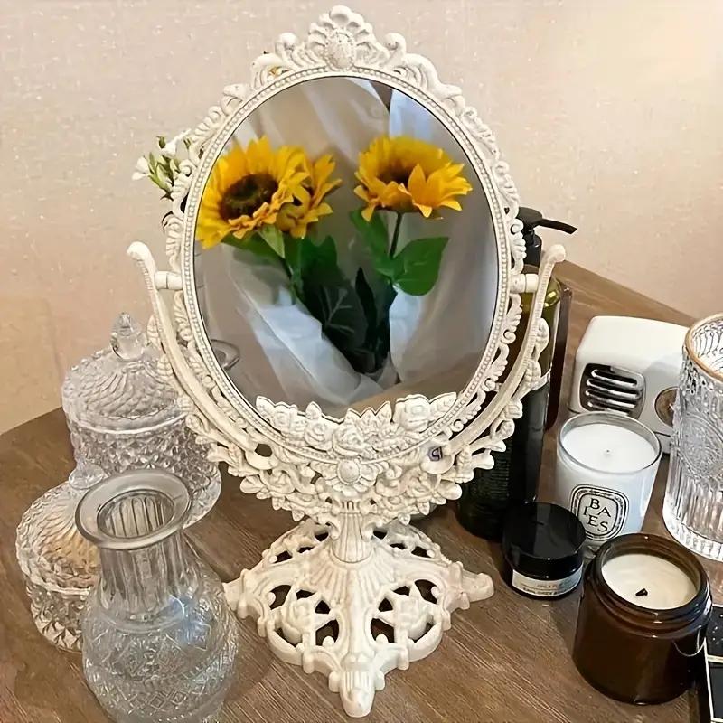 European Retro Style Makeup Mirror Oval Carved Circular Makeup Mirror 360 Degree Rotating Desktop Makeup Mirror Home Decoration