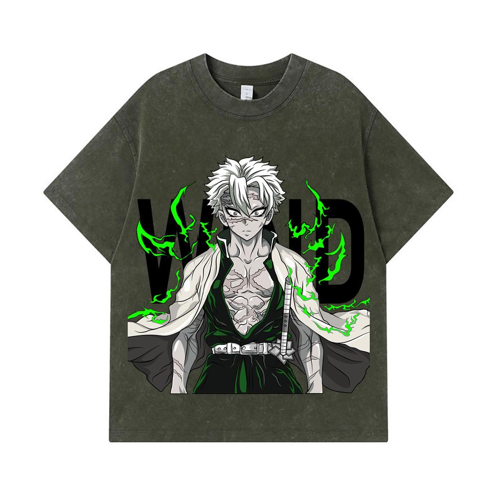 

275 GSM Washed T-shirts 100% Cotton Demon Slayer V115 Sanemi Print Unisex Heavy Cotton T Shirt S армия зеленый