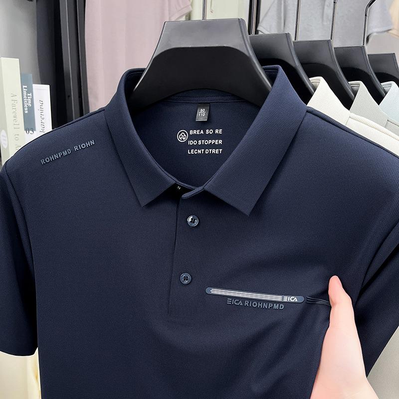 Brocade Ammonia Ice Silk Seamless Polo Shirt Men'S Short-Sleeved T-Shirt Lapel Casual Solid Color Hem Split