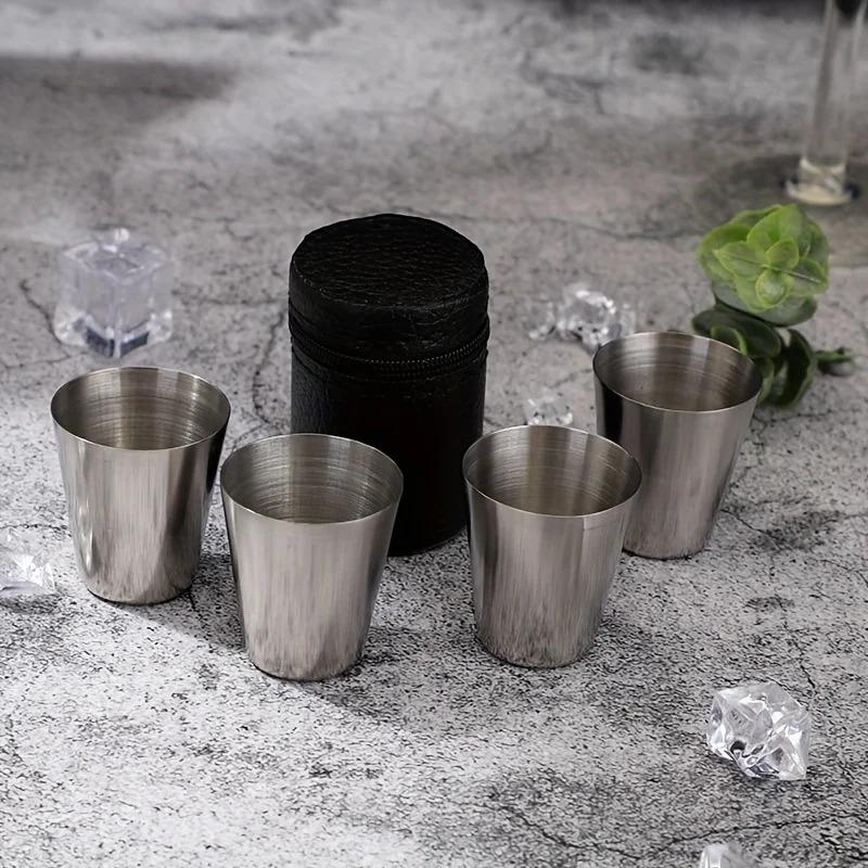 4Pcs/set 30ml/70ml/170ml Outdoor Practical Stainless Steel Cups Shots Set Mini Glasses for Whisky Wine with Case Portable Drinkware Set