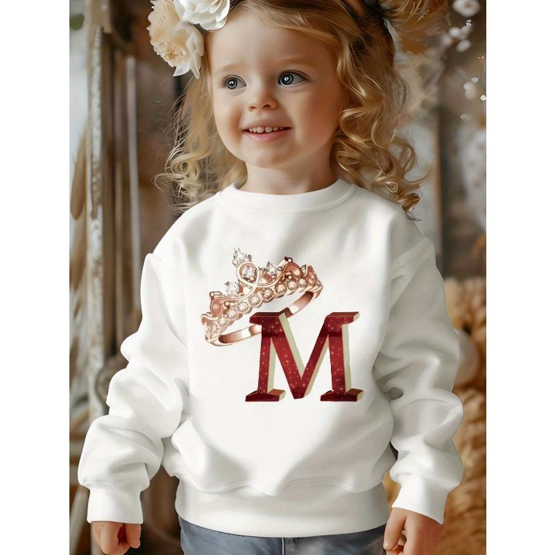 Girls Round Neck Sweater Crown Letters M Printed Girls Princess Style Daily Wear 110 белый